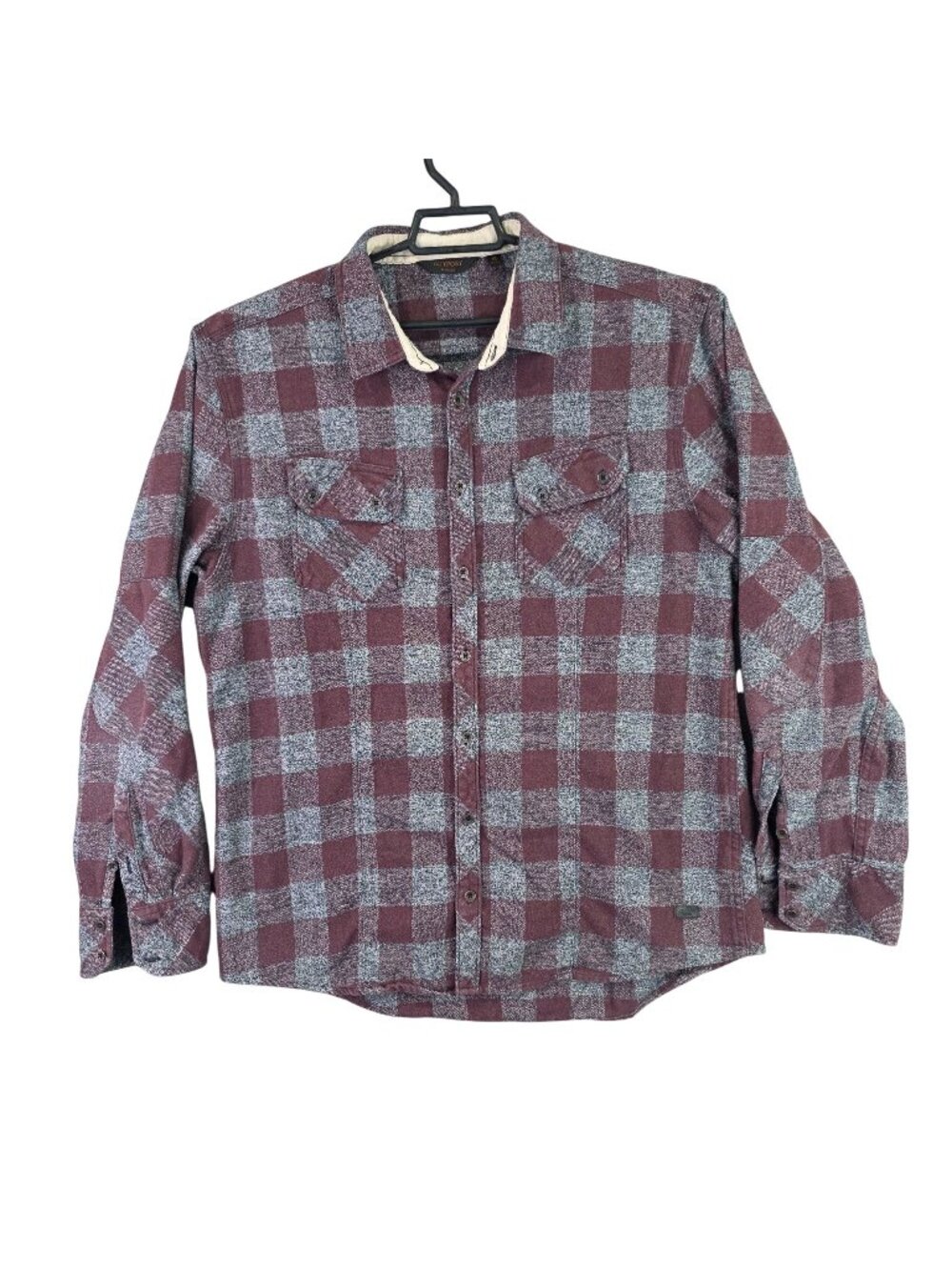 Mens Outpost Makers Burgundy & Gray Plaid Button Up Shirt Cotton Blend Size XL